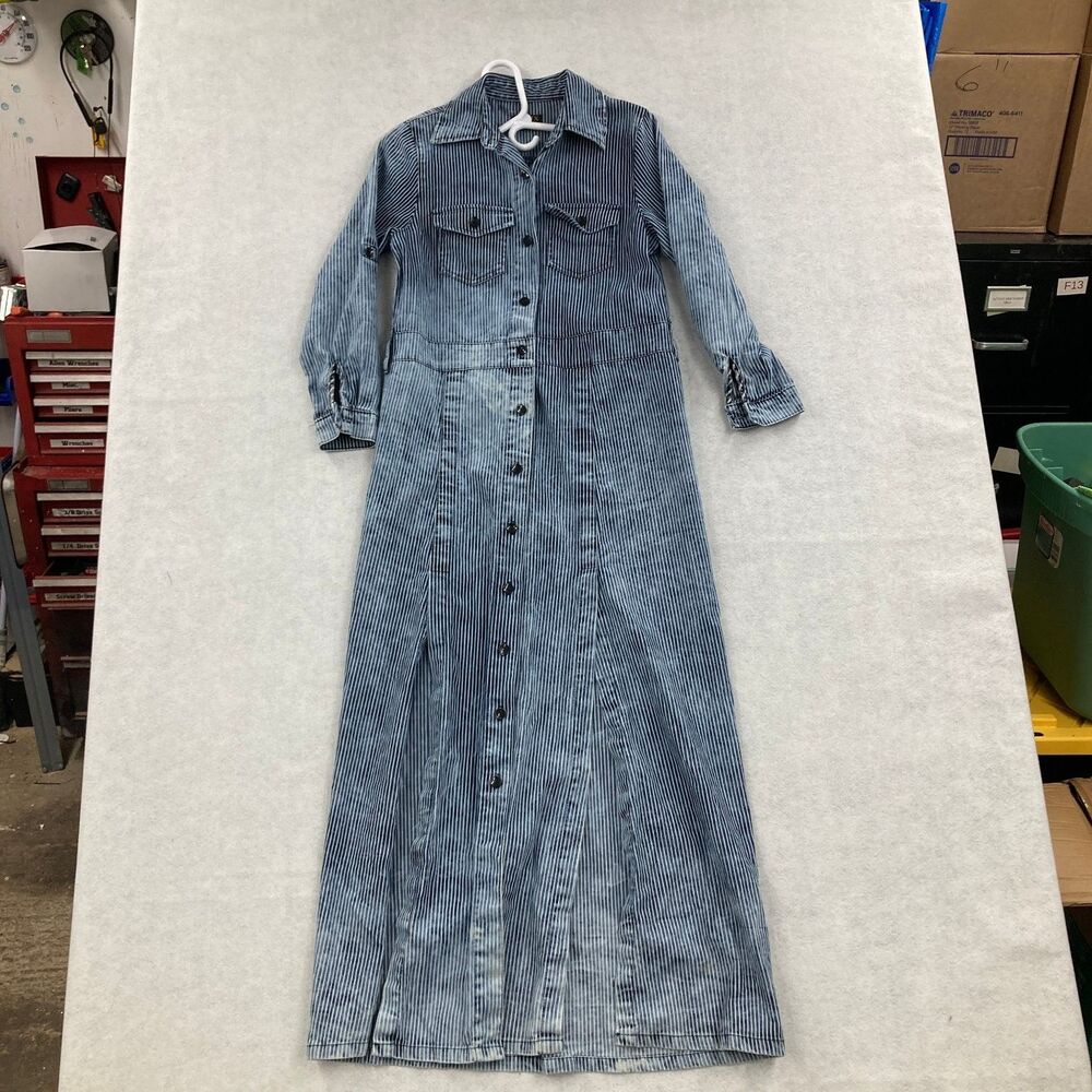KROIX Women's Blue White Pinstripe Button-Front Maxi Shirtdress Size M Cotton